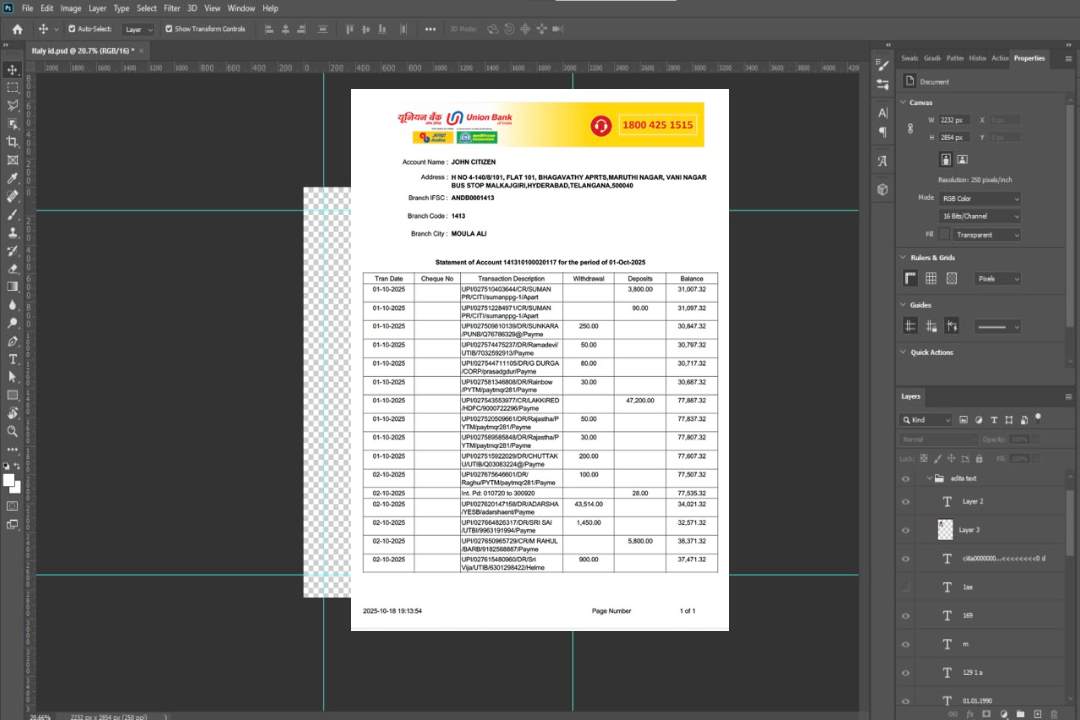 Modèle Word et PDF de relevé de compte de l'India Union Bank of India template Modèle Word et PDF de relevé de compte de l'India Union Bank of India template